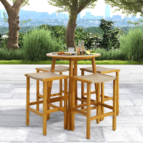 Topbuy Outdoor Wood Bar Stools Set of 2/4 30" Bar Height Acacia Wood Stools with PE Rattan Saddle Seat Outdoor Wicker Bar Chairs