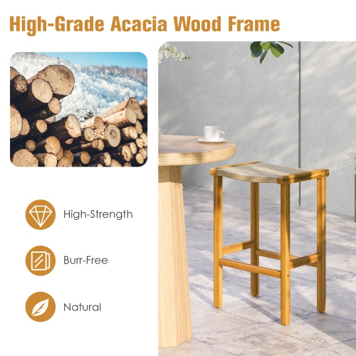 Topbuy Outdoor Wood Bar Stools Set of 2/4 30" Bar Height Acacia Wood Stools with PE Rattan Saddle Seat Outdoor Wicker Bar Chairs