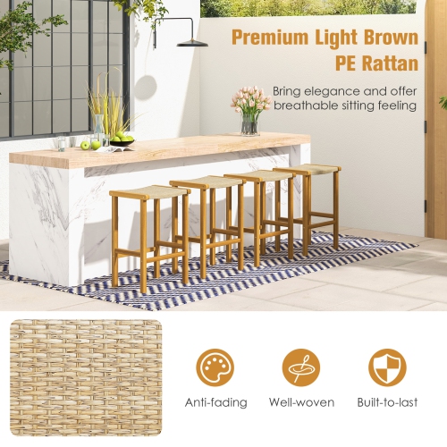 Topbuy Outdoor Wood Bar Stools Set of 2/4 30" Bar Height Acacia Wood Stools with PE Rattan Saddle Seat Outdoor Wicker Bar Chairs