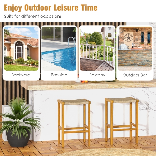 Topbuy Outdoor Wood Bar Stools Set of 2/4 30" Bar Height Acacia Wood Stools with PE Rattan Saddle Seat Outdoor Wicker Bar Chairs