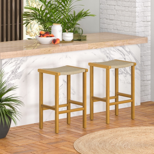 Topbuy Outdoor Wood Bar Stools Set of 2/4 30" Bar Height Acacia Wood Stools with PE Rattan Saddle Seat Outdoor Wicker Bar Chairs