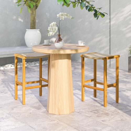 Topbuy Outdoor Wood Bar Stools Set of 2/4 30" Bar Height Acacia Wood Stools with PE Rattan Saddle Seat Outdoor Wicker Bar Chairs