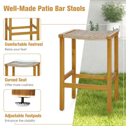 Topbuy Outdoor Wood Bar Stools Set of 2/4 30" Bar Height Acacia Wood Stools with PE Rattan Saddle Seat Outdoor Wicker Bar Chairs