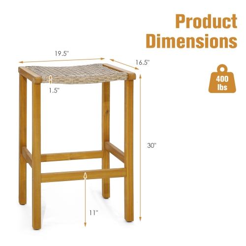 Topbuy Outdoor Wood Bar Stools Set of 2/4 30" Bar Height Acacia Wood Stools with PE Rattan Saddle Seat Outdoor Wicker Bar Chairs