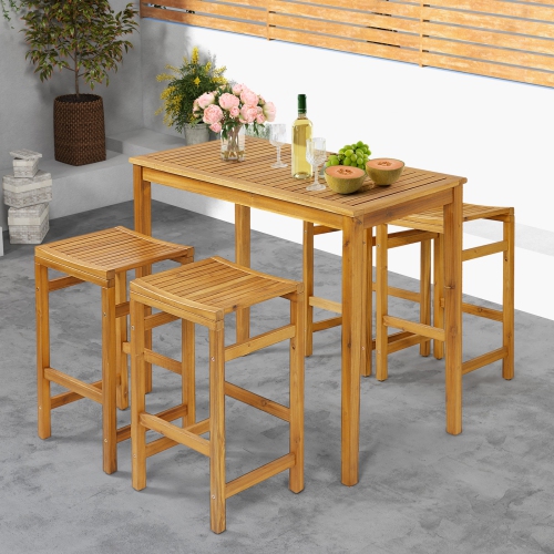 Topbuy 2/4-Pack Outdoor Bar Stools Patio Bar Stools w/ Ergonomic Seat & Comfortable Footrest Acacia Wood Bar Stools Set