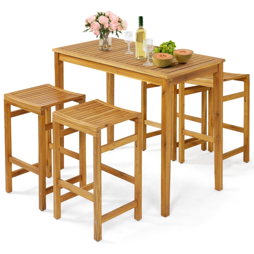 Topbuy 2/4-Pack Outdoor Bar Stools Patio Bar Stools w/ Ergonomic Seat & Comfortable Footrest Acacia Wood Bar Stools Set