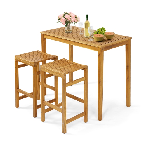 Topbuy 2/4-Pack Outdoor Bar Stools Patio Bar Stools w/ Ergonomic Seat & Comfortable Footrest Acacia Wood Bar Stools Set