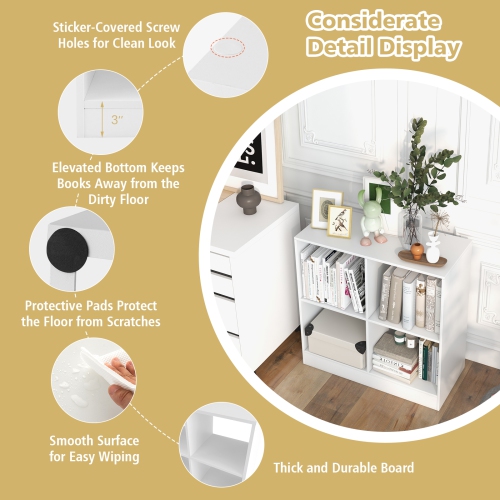 Topbuy 4-Cube Bookcase Floor Open Wooden Bookshelf with 2 Anti-Tipping Kits Modern Shelving Organizer Multipurpose Storage Cabinet Display Shelf