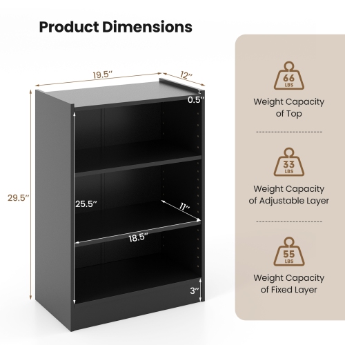 Topbuy 3-Tier Bookcase Open Bookshelf Cube Storage Organizer Floor Standing Display Bookcase with Adjustable Shelves Rustic Brown/Black/White