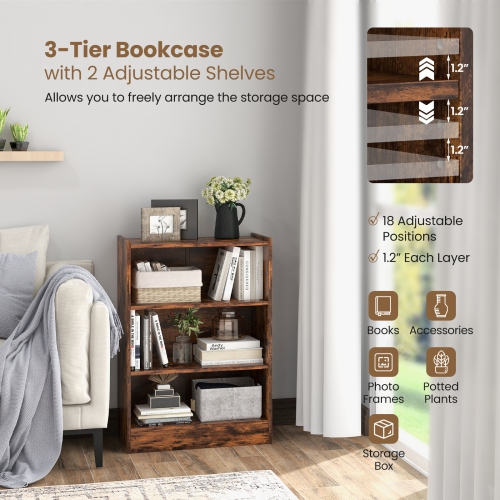 Topbuy 3-Tier Bookcase Open Bookshelf Cube Storage Organizer Floor Standing Display Bookcase with Adjustable Shelves Rustic Brown/Black/White