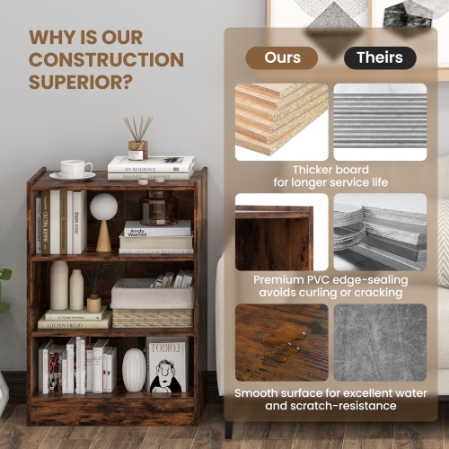 Topbuy 3-Tier Bookcase Open Bookshelf Cube Storage Organizer Floor Standing Display Bookcase with Adjustable Shelves Rustic Brown/Black/White