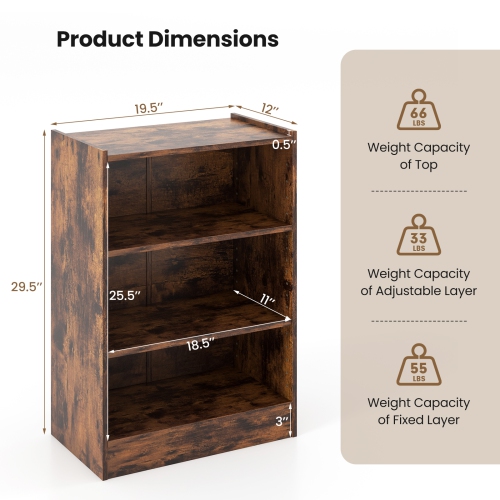 Topbuy 3-Tier Bookcase Open Bookshelf Cube Storage Organizer Floor Standing Display Bookcase with Adjustable Shelves Rustic Brown/Black/White