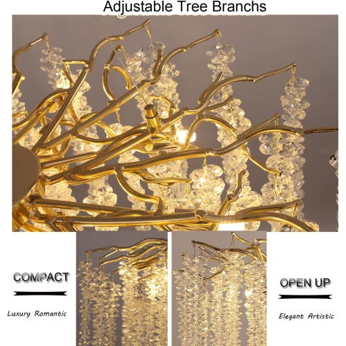 Akeelighting Gold Crystal Chandeliers Modern Tree Branch Chandelier Dining Room Foyer Bedroom Chandelier Lighting Round Hanging Ceiling Light Fixture