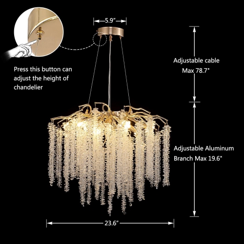 Akeelighting Gold Crystal Chandeliers Modern Tree Branch Chandelier Dining Room Foyer Bedroom Chandelier Lighting Round Hanging Ceiling Light Fixture