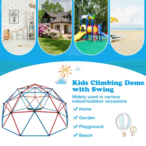 Gymax 10 FT Climbing Dome with Swing Outdoor Kids Play Jungle Gym Red and Blue