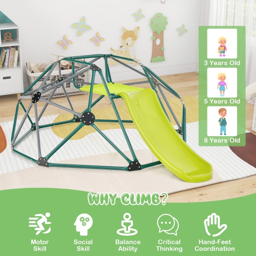 Gymax 8FT Climbing Dome w/ Slide Outdoor Kids Jungle Gym Dome Climber Green & Gray