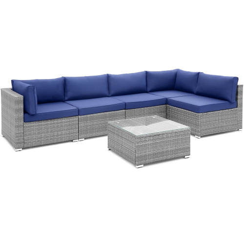 Gymax 6PCS Patio Conversation Furniture Set Rattan Sectional Sofa Set w/ Navy Cushions