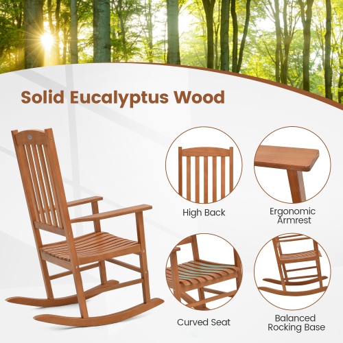 Gymax Patio Rocking Chair w/ 400 lbs Weight Capacity Eucalyptus Wood Porch Rocker w/ High Back