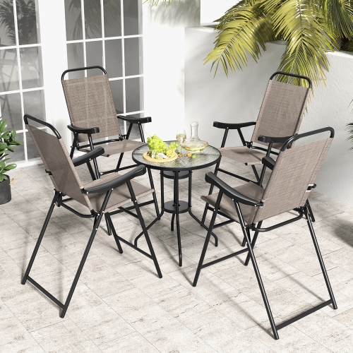 Gymax 4 PCS Patio Bar Chair Folding Bar Height Metal Frame w/ Footrest Garden Brown