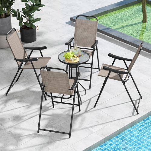 Gymax 4 PCS Patio Bar Chair Folding Bar Height Metal Frame w/ Footrest Garden Brown
