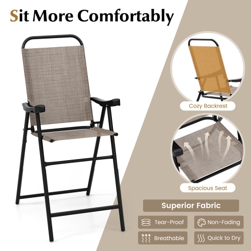 Gymax 4 PCS Patio Bar Chair Folding Bar Height Metal Frame w/ Footrest Garden Brown