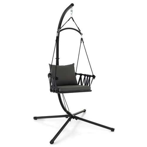 GYMAX  Swing Chair W/ Stand Patio Hanging Swing Chair W/ Comfortable Seat & Back Cushions