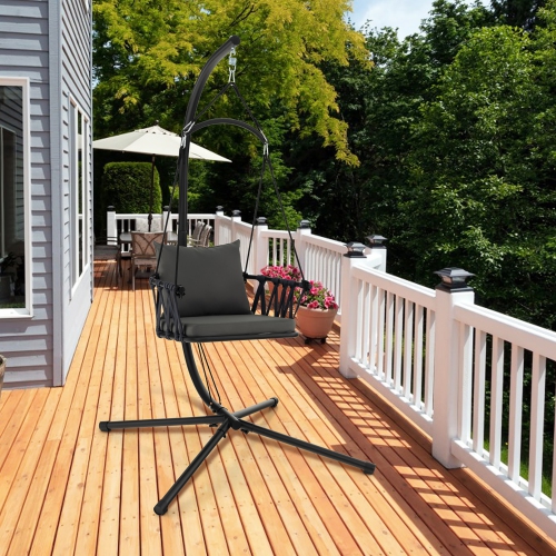 Gymax Swing Chair w/ Stand Patio Hanging Swing Chair w/ Comfortable Seat & Back Cushions