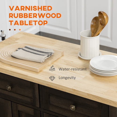 Îlot de cuisine sur roulettes de HOMCOM avec rangement, chariot roulant avec dessus en bois de caoutchouc, support à épices, support à serviettes et