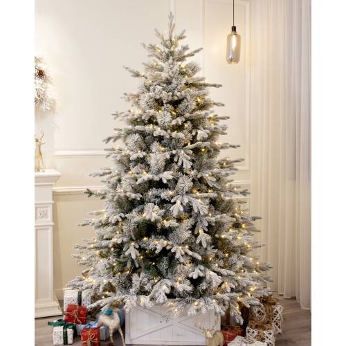 Arbre de Noël en épinette floquée Alaska de 5 pi illuminé par des lumières à DEL blanc chaud de Holiday Stuff