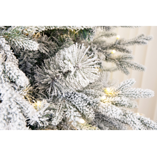 Arbre de Noël en épinette floquée Alaska de 5 pi illuminé par des lumières à DEL blanc chaud de Holiday Stuff