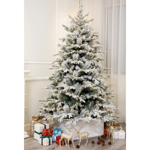 Arbre de Noël en épinette floquée Alaska de 7 pi illuminé par des lumières à DEL blanc chaud de Holiday Stuff