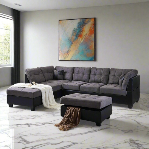 Cosmic Homes Eva Sectional Sofa Set With LHF Chaise & Storage Ottoman - Grey