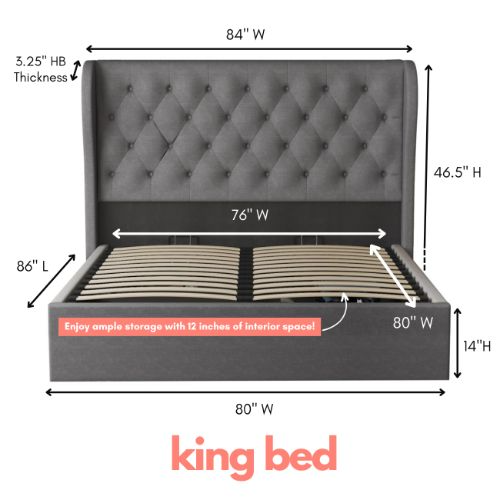 Cadre de très grand lit Brittany d'Aykah avec rangement, cadre de lit en métal et tête de lit haute, support de lattes en bois, aucun sommier requis,