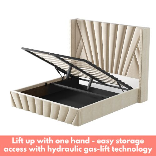 Cadre de grand lit Aykah avec rangement hydraulique, cadre de lit en métal et tête de lit haute, support de lattes en bois, aucun sommier requis