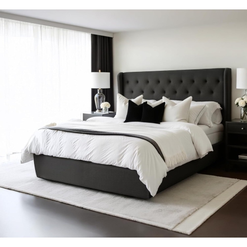 Aykah Brittany Double Size Bed Frame with Storage, Metal Bed Frame with High Headboard, Wood Slat Support, No Box Spring Required, Modern Wingback