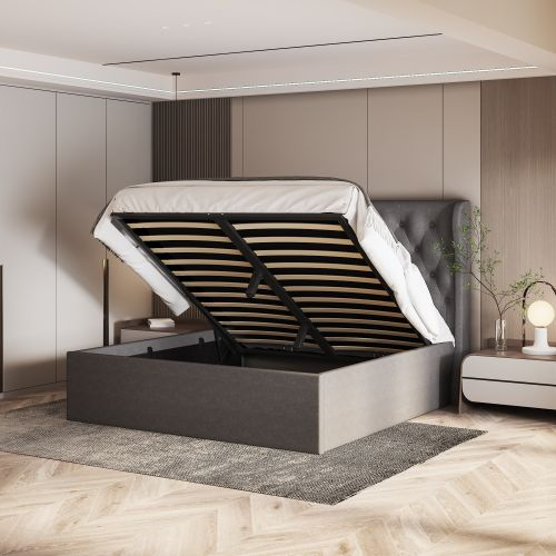 Aykah Brittany Double Size Bed Frame with Storage, Metal Bed Frame with High Headboard, Wood Slat Support, No Box Spring Required, Modern Wingback