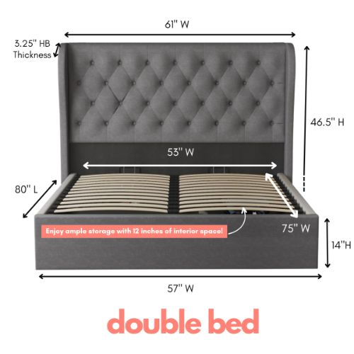 Aykah Brittany Double Size Bed Frame with Storage, Metal Bed Frame with High Headboard, Wood Slat Support, No Box Spring Required, Modern Wingback