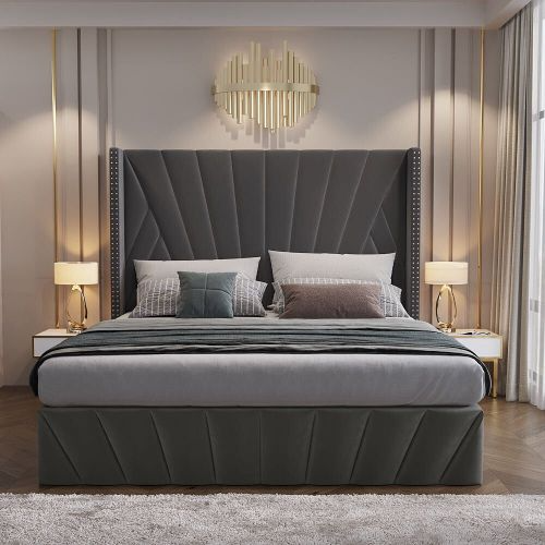 Cadre de grand lit Aykah avec rangement, cadre de lit en métal et tête de lit haute, support de lattes en bois, aucun sommier requis