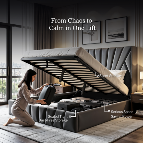 Cadre de grand lit Aykah avec rangement, cadre de lit en métal et tête de lit haute, support de lattes en bois, aucun sommier requis