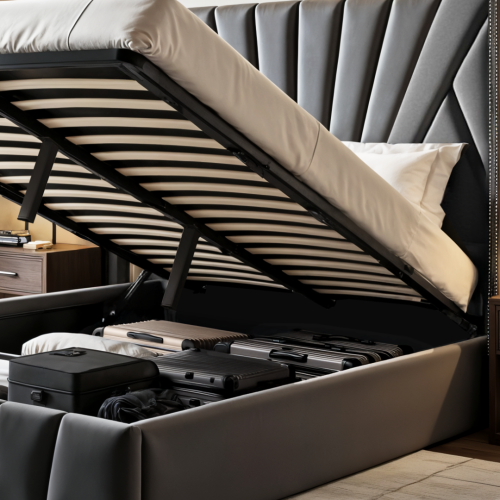 Cadre de grand lit Aykah avec rangement, cadre de lit en métal et tête de lit haute, support de lattes en bois, aucun sommier requis