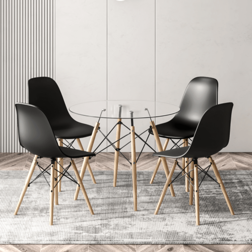 Table à dîner en verre Aykah Eiffel pour 2/4, surface en verre trempé avec pattes en bois pour la salle à manger, cuisine