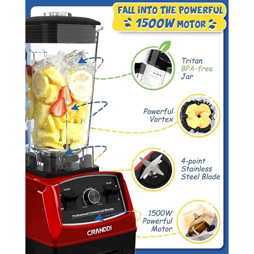 CRANDDI 1500W Professional Commercial Blender - Red