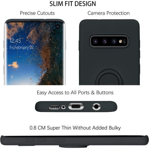 Galaxy S10 Case, Liquid Silicone Soft Gel Rubber Slim Cover with Ring Kickstand |Car Mount Function Shock