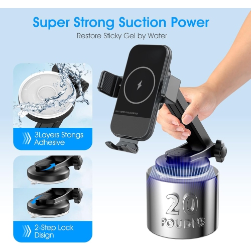 Chargeur sans fil pour l'auto, support de téléphone pour chargeur de voiture à recharge rapide Qi de 15 W, évent de tableau de bord de pare-brise