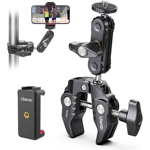 Support à pince Super Clamp pour appareil photo avec support pour trépied  de téléphone, adaptateur à tête à rotule double à 360° Magic Arm