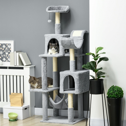 PawHut Tall Cat Tree for Indoor Cats, 70" Multi-Level Cat Tower with Hammock, Cat Bed, Cat Condo with Sisal Scratching Posts, Bluish Grey