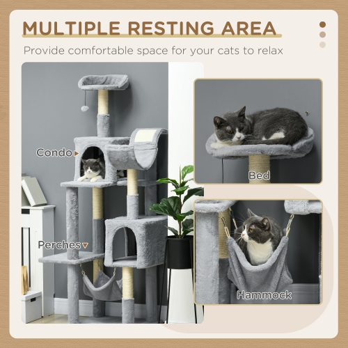 PawHut Tall Cat Tree for Indoor Cats, 70" Multi-Level Cat Tower with Hammock, Cat Bed, Cat Condo with Sisal Scratching Posts, Bluish Grey