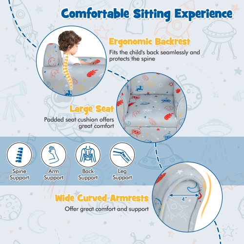 Gymax Kids Sofa Toddler Upholstered Armrest Chair w/Solid Wooden Frame Gray