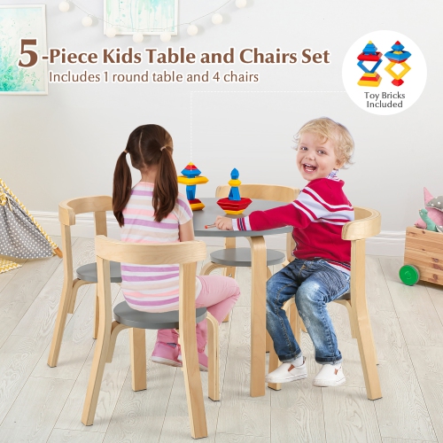 Gymax 5-Piece Kids Wooden Curved Back Activity Table & Chair Set w/Toy Bricks