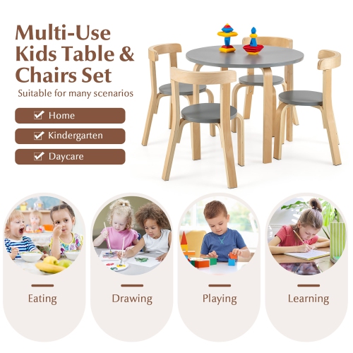 Gymax 5-Piece Kids Wooden Curved Back Activity Table & Chair Set w/Toy Bricks